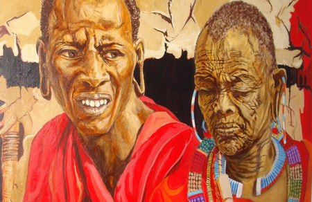 Massai,m&eacute;re et fils - acrylique sur toile 116x81